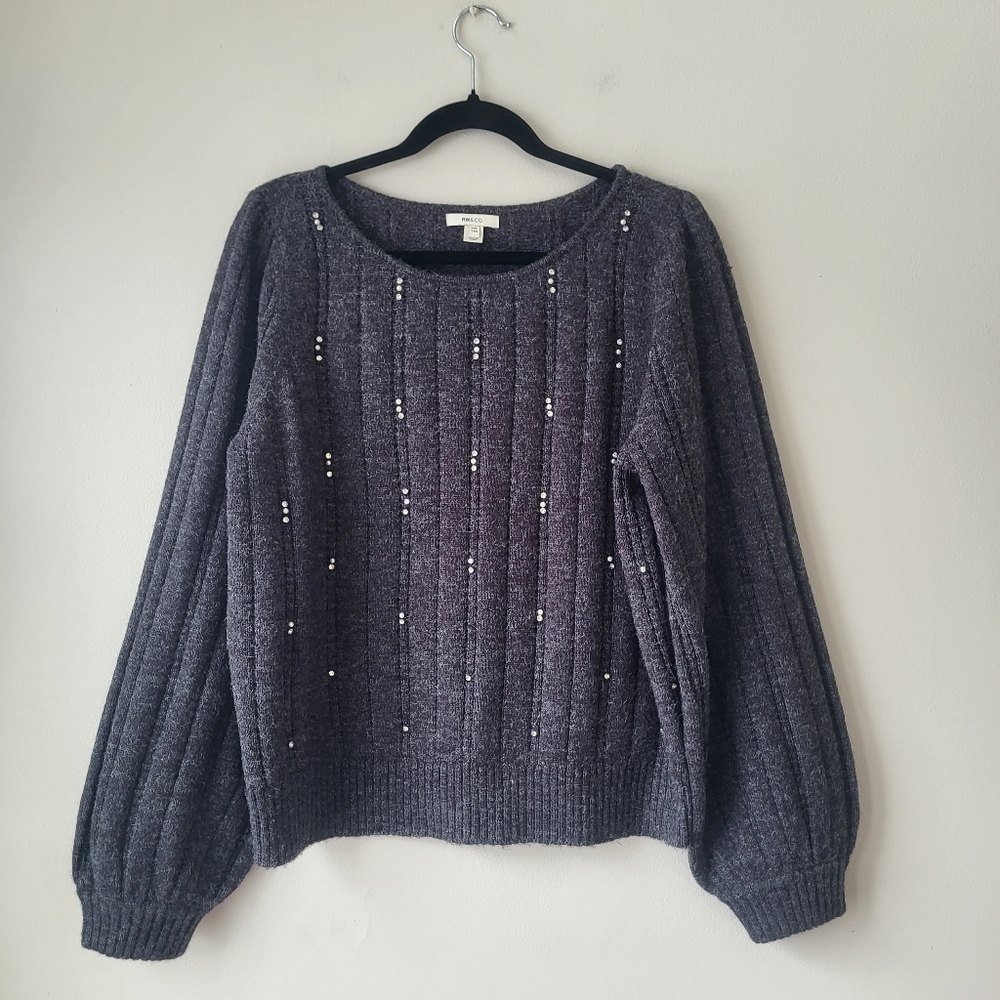 RW&CO. Timeless Cozy Feminine Charcoal Sweater with Pearl Crystal Accents